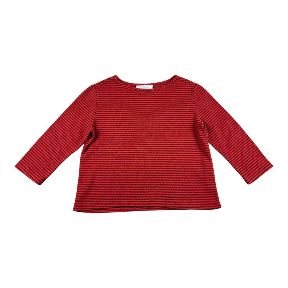 Willow Womenโsโ Medium Cotton 3/4 Sleeve Red/ Black Striped Sweater Made in USA